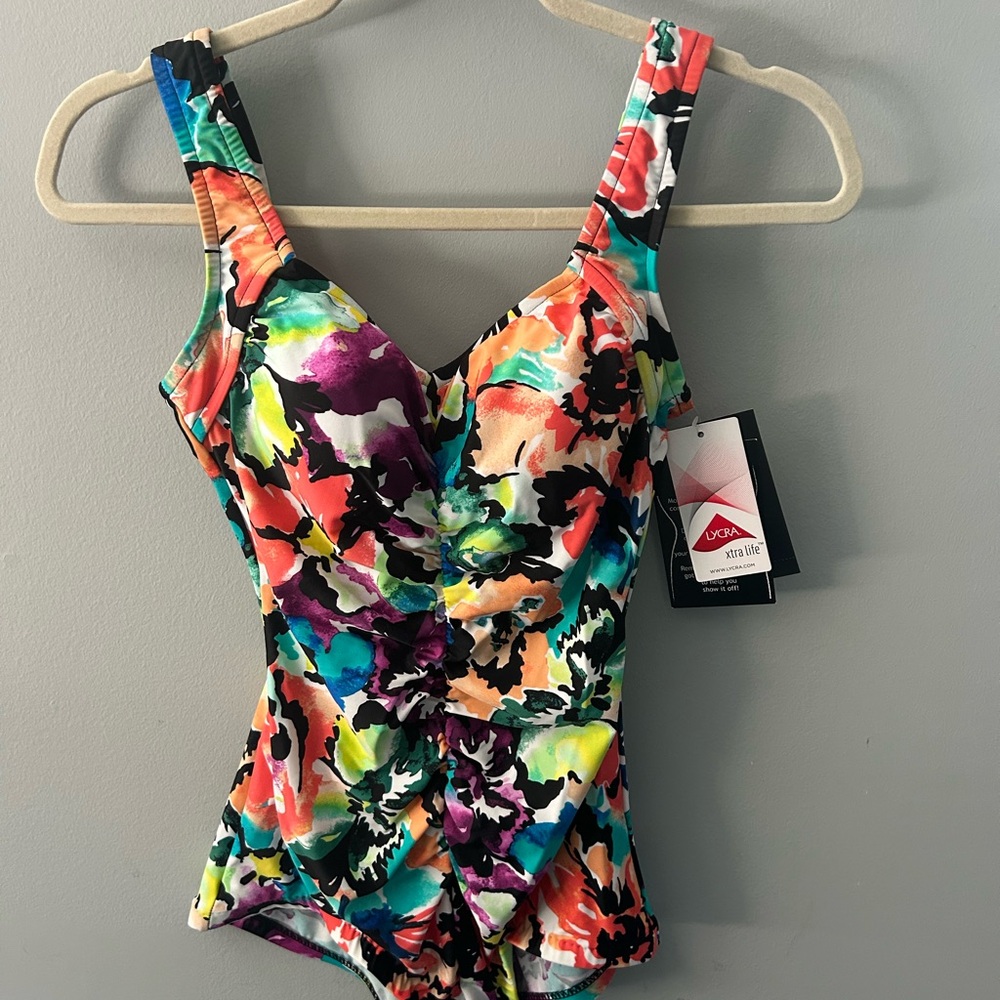 Maxine of Hollywood Red and Pink One Piece Swimsuit with Sweetheart Neckline